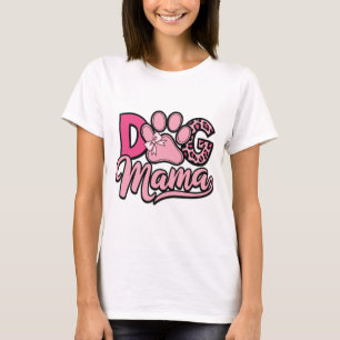 Camiseta Mamá Perro Estampado de Pata Rosa y Leopardo Lindo
