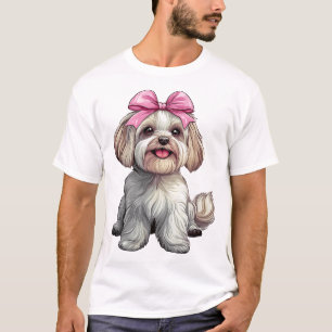 Camiseta Mamá Perro Havanés Chica Rosa Coqueta Lazo