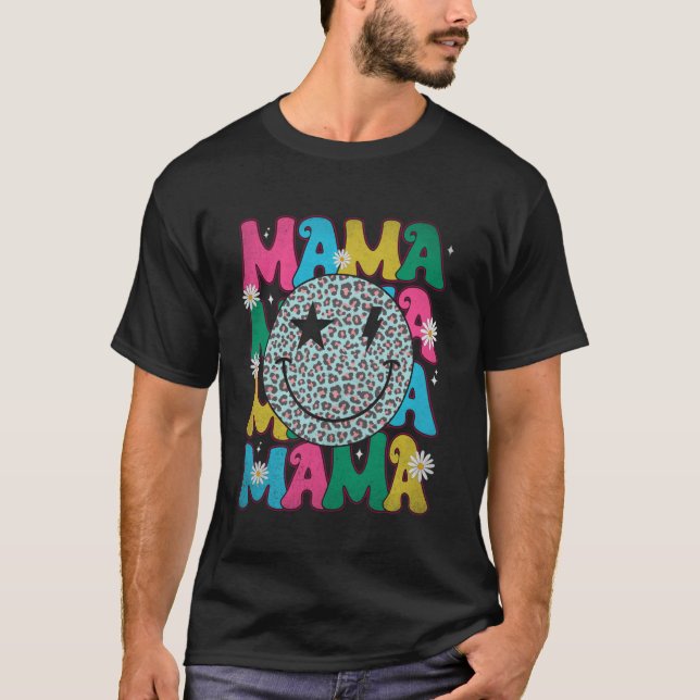 Camiseta Mamá Retro Groovy Cara Sonriente Leopardo Día Feli (Anverso)