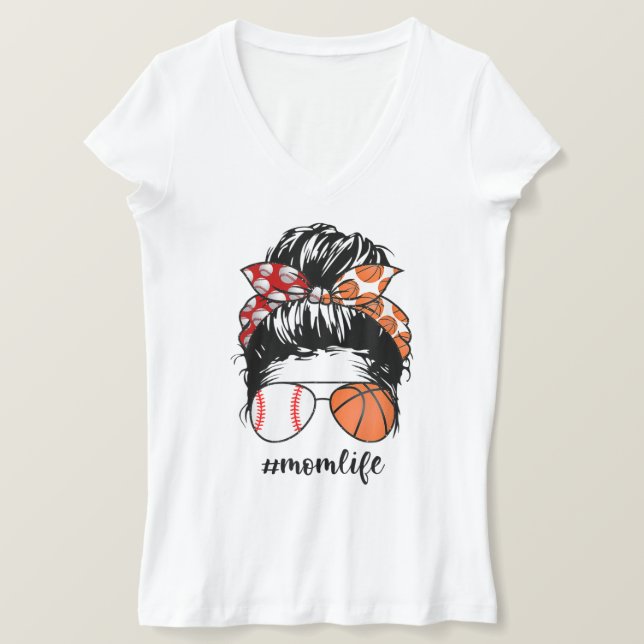 Camiseta Mamá Vida Béisbol Básquetbol Mamá desordenada bun  (Anverso del diseño)