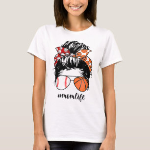 Camiseta Mamá Vida Béisbol Básquetbol Mamá desordenada bun 