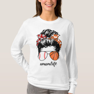 Camiseta Mamá Vida Béisbol Básquetbol Mamá desordenada bun 