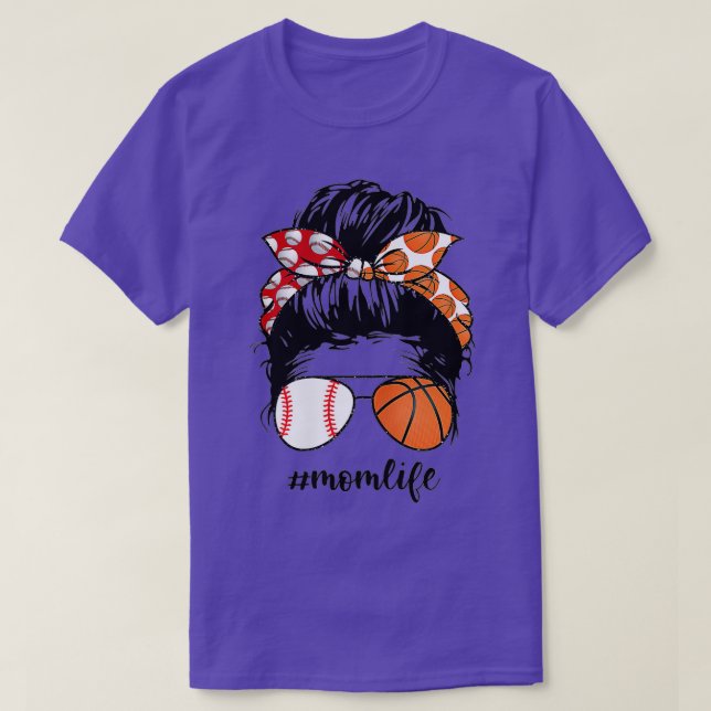 Camiseta Mamá Vida Béisbol Básquetbol Mamá desordenada bun  (Diseño del anverso)