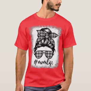 Camiseta Mamá Vida Bleached Messy Bun Negro & White Plaid M