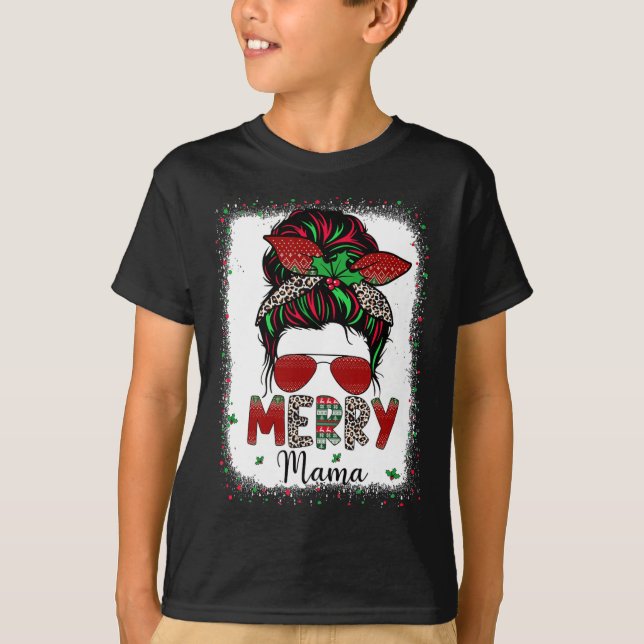 Camiseta Mamá Vida Desordenada Bun Plaid Leopard Navidad Me (Anverso)