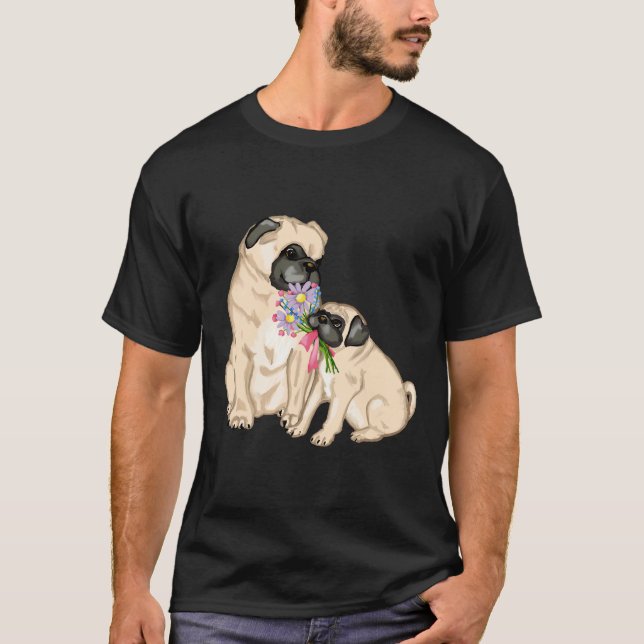 Camiseta Mamá y cachorro de pug ajustado  731 (Anverso)