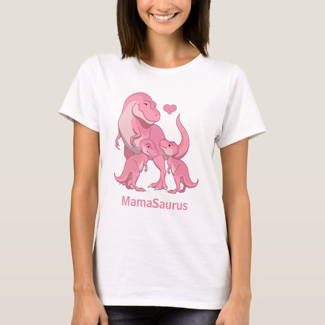 Camiseta MamaSaurus Pink T-Rex Twin Baby Dinosaurus (Anverso)