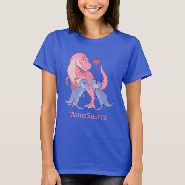 Camiseta MamaSaurus Pink T-Rex Twin Blue Baby Dinosaurios (Anverso)