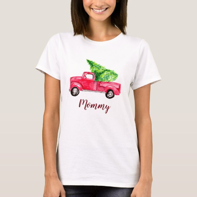 Camiseta Mami Red Pickup Camión Árbol de Navidad acuarela (Anverso)