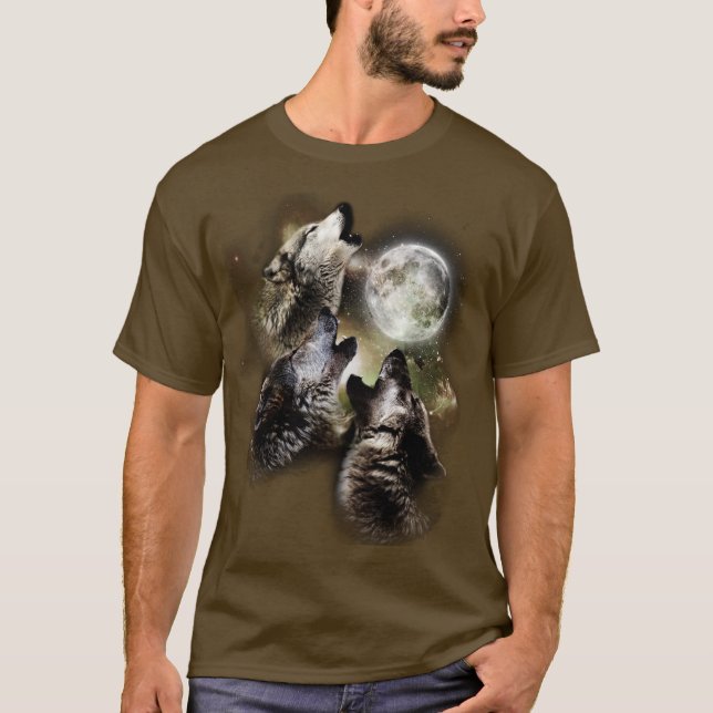 Camiseta Manada de Lobos Aullando Luna Llena Cielo Celeste  (Anverso)