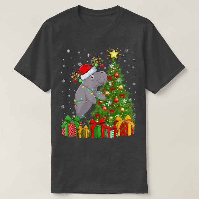 Camiseta Manatee Lighting Xmas Tree Santa Hat Manatee Chris (Diseño del anverso)