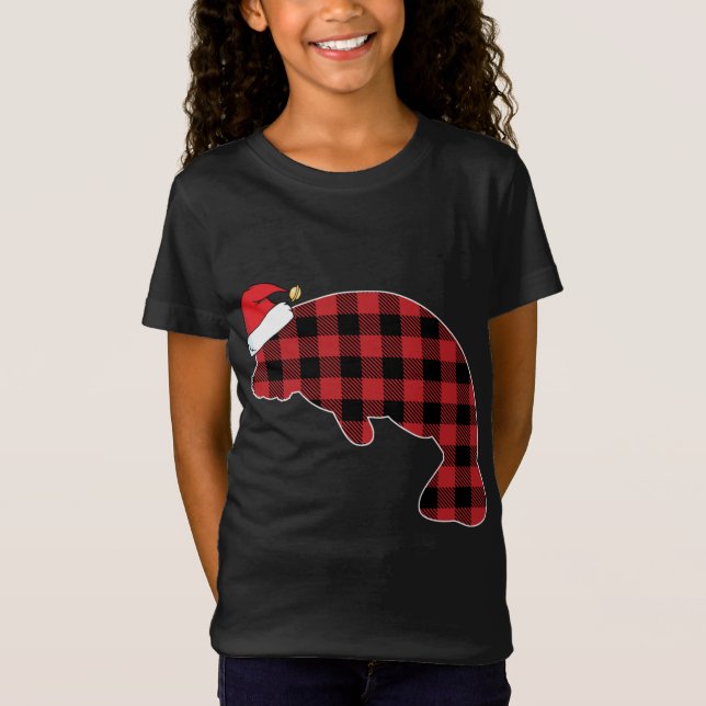 Camiseta Manatee Red Plaid Pajama Santa Hat Navidades (Anverso)