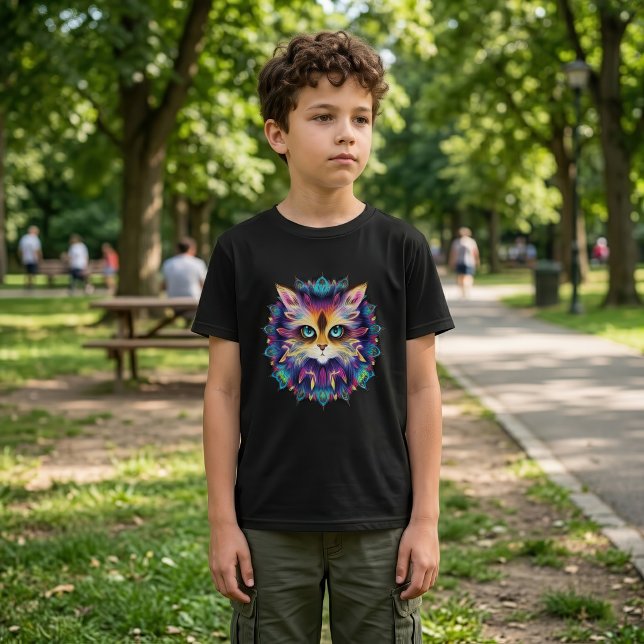 Camiseta Mandala con un lindo retrato de gato (Mandala with cute furry Cat portrait. Boy Basic Black T-Shirt)
