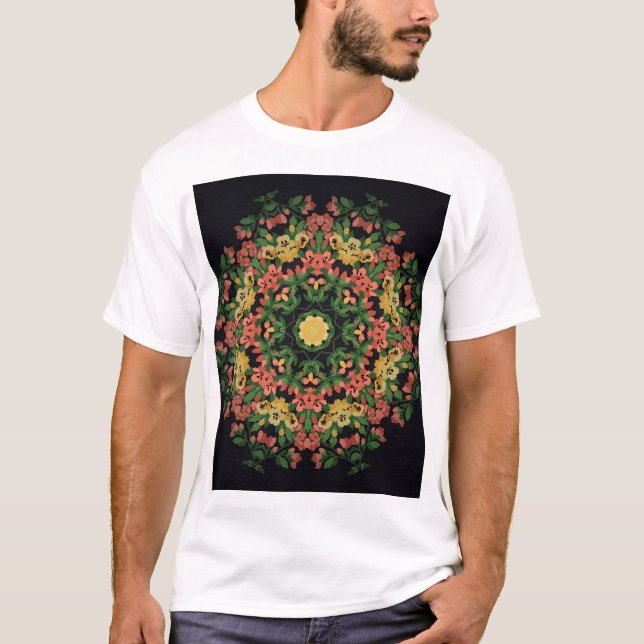 Camiseta Mandala floral: rojo, amarilla. (Anverso)