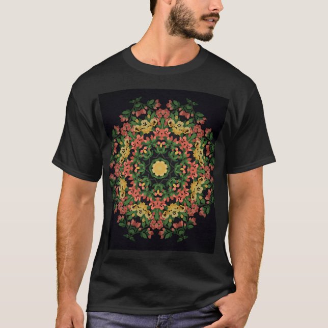Camiseta Mandala floral: rojo, amarilla. (Anverso)