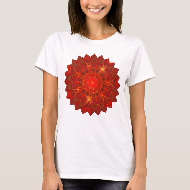 Camiseta Mandala Líneas delgadas Colores cálidos fondo rojo (Anverso)