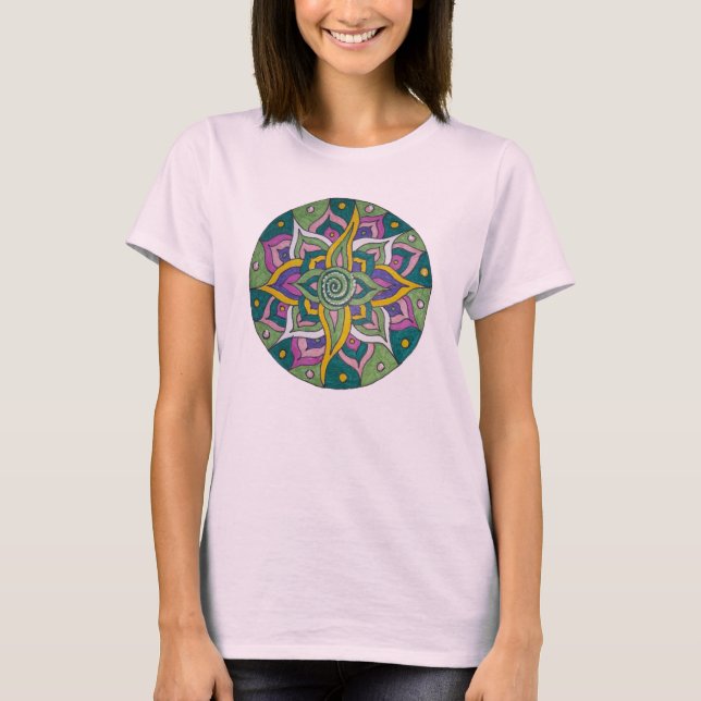 Camiseta Mandala Loto Rosa/Verde (Anverso)