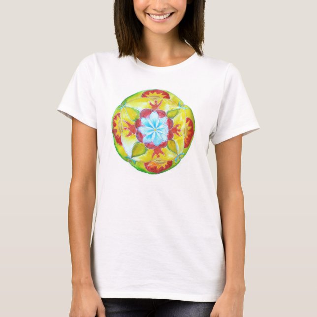 Camiseta Mandala redonda, flor azul, paz, unidad (Anverso)