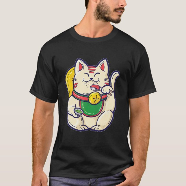 Camiseta Maneki Neko come sushi fortuna asiática buena suer (Anverso)