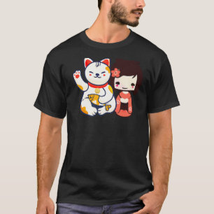Camiseta Maneki Neko Gato de la Suerte Invitando con Niña L