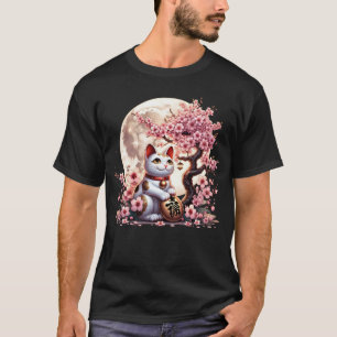 Camiseta Maneki Neko japonés Lucky Cat Cherry Blossom Moon