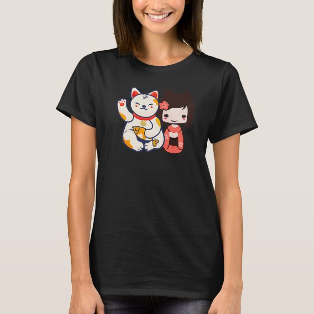 Camiseta Maneki Neko Lucky Beckoning Cat Con Un Chica Agrad (Anverso)
