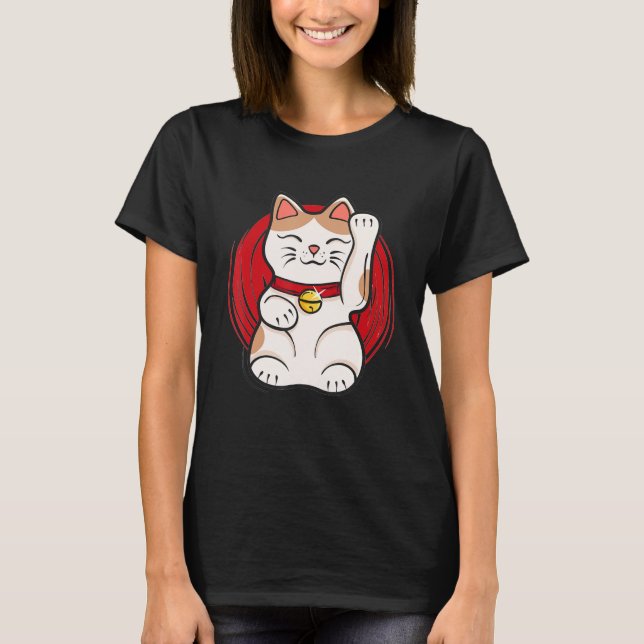 Camiseta Maneki Neko Lucky Cat Estatua ondeando estilo japo (Anverso)