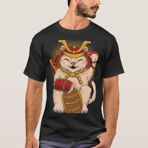 Camiseta Maneki Neko Samurai Japonés Gato Afortunado Dinero
