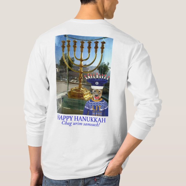 Camiseta manga larga. Feliz Hanukkah. león (Reverso)