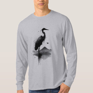 Camiseta Manga Larga Grulla Sumi-e Japonesa Zen