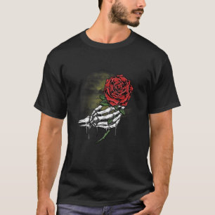 Camiseta Mano De Esqueleto Blanco De Flor Rosa Con Una Rosa