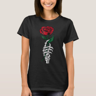 Camiseta Mano de esqueleto blanco sosteniendo flor de rosa