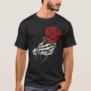 Camiseta Mano De Esqueleto Con Un Solo Tatuaje De Rosa Roja
