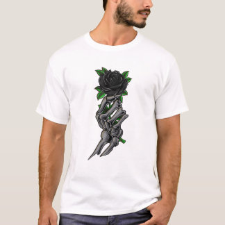 Camiseta Mano De Esqueleto Con Una Hermosa Flor De Rosa Neg