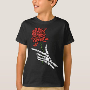 Camiseta Mano De Esqueleto Con Una Rosa Roja