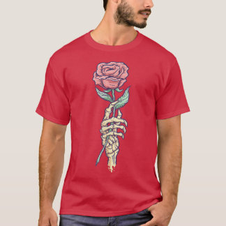 Camiseta Mano De Esqueleto De Gótico Pastel Con Una Rosa Ro