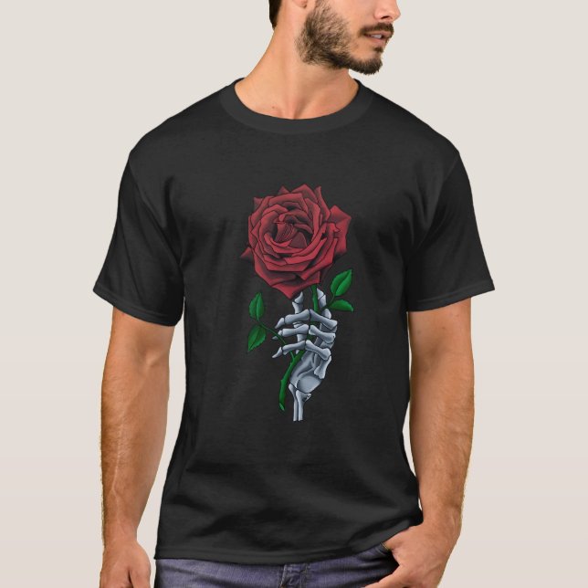 Camiseta Mano de esqueleto rosa roja flor (Anverso)