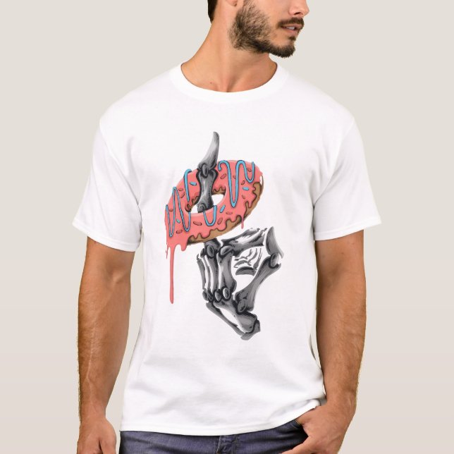 Camiseta Mano de esqueleto sosteniendo donut – Comilón góti (Anverso)