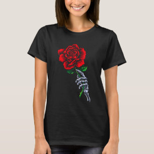 Camiseta Mano de esqueleto sosteniendo rosa _ Flor roja est