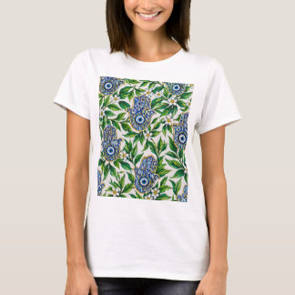 Camiseta Mano de Fátima Hamsa Azul con Patrón Floral