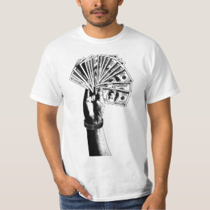 Camiseta Mano de los hombres Holding 100 dólares Bills dine