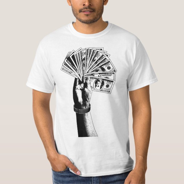 Camiseta Mano de los hombres Holding 100 dólares Bills dine (Anverso)
