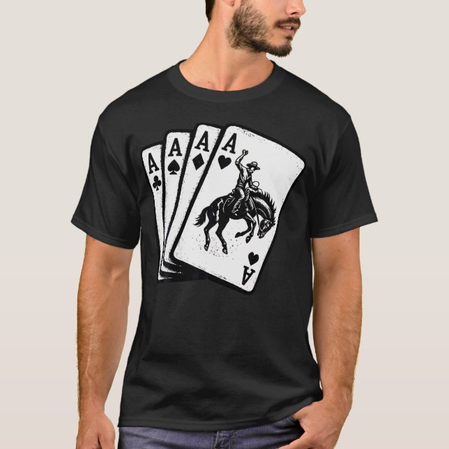 Camiseta Mano de Póquer 4 Ases Vaquero Montando Potro Rodeo (Anverso)