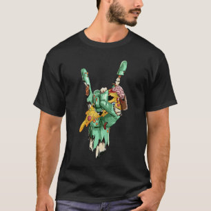 Camiseta Mano de roca zombie sosteniendo pizza zombie Hallo