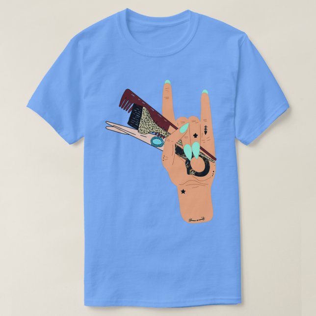 Camiseta mano de rock estilista de pelo (Diseño del anverso)