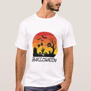 Camiseta Mano de Zombie de Halloween Lápida Árbol Gato Negr