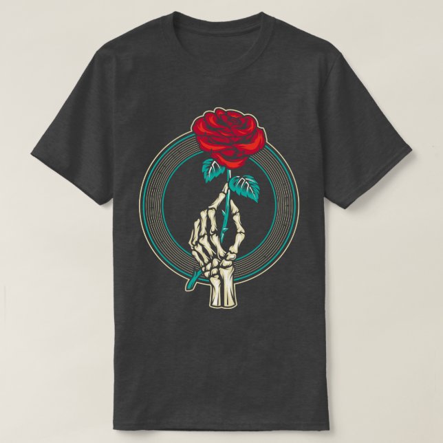 Camiseta Mano del esqueleto de la flor rosa roja (Diseño del anverso)