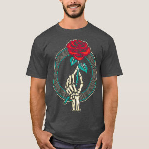 Camiseta Mano del esqueleto de la flor rosa roja