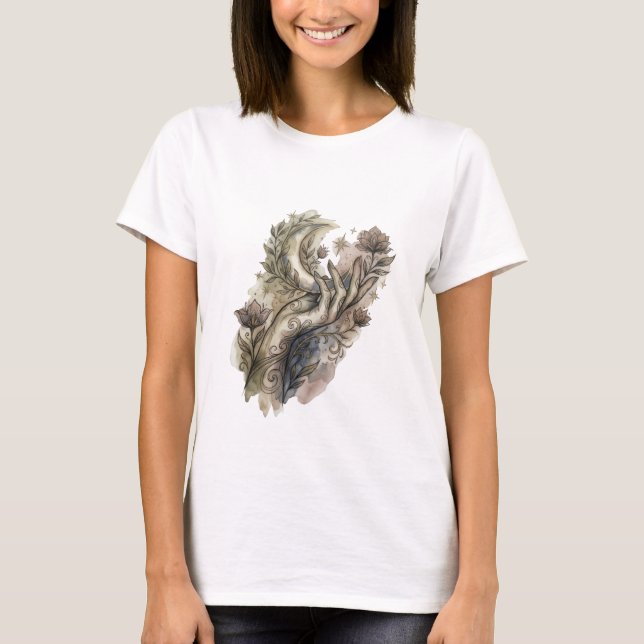 Camiseta Mano Mística y Luna Creciente Boho Acuarela Fl (Anverso)