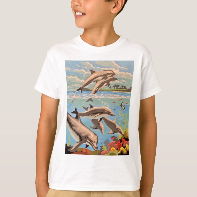 Camiseta Mano Pintada Por Número | Delfines lúdicos | Niños (Anverso)